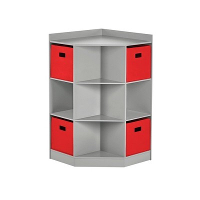 RiverRidge Kids' Corner Playroom Cabinet with 6 Toy Storage Cubbies and 3 Angled Shelves with 4 Fabric Bins