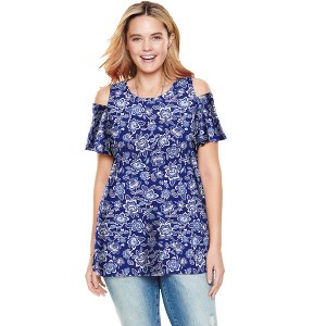 Woman Within Women's Plus Size Short-Sleeve Cold-Shoulder Tee - 1 of 4