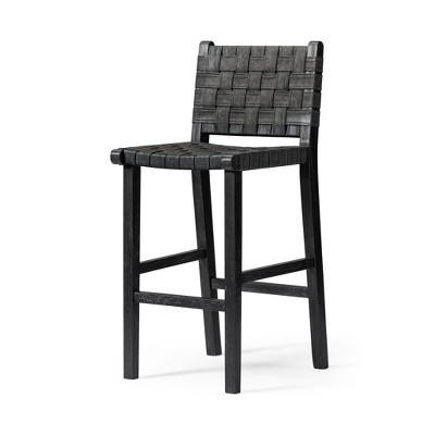 HomeRoots 30" Gray and Black Faux Leather and Solid Wood Bar Height Bar Chair