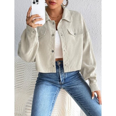 Женские куртки YesFashion Women's Corduroy Jacket Casual Button Shirt Jacket Stand Collar Short Coat Fall Spring Outerwear Apricot XL — фото 4