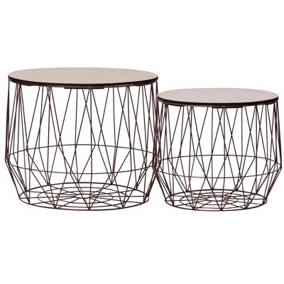 Copper Basket-Design 2-Piece Coffee & Side Table Set with Removable Plywood Top