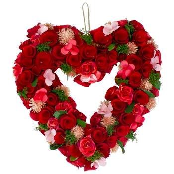 Northlight 10.25" Unlit Red/Pink Flowers with Leaves Heart-Shaped Artificial Floral Spring Wreath