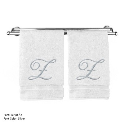 BC BARE COTTON Monogrammed Hand Towel, 100% Turkish Cotton - Set of 2 - White - Silver Script