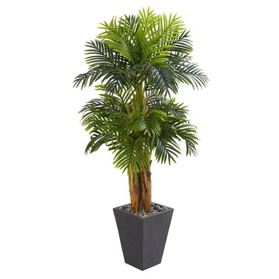 Nearly Natural 5.5-ft Triple Areca Palm Artificial Tree in Slate Finish Planter