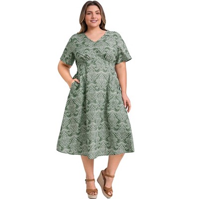 GRACE & GRANDEUR Women's Plus Size V Neck Short Sleeve Floral Print Shirred Pockets Boho T-Shirts Dresses