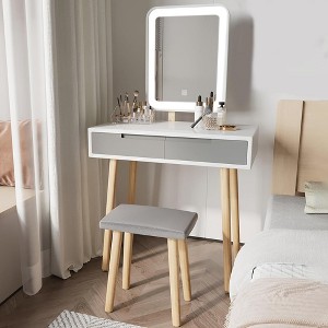 Vanity Table Set with Adjustable Brightness Mirror and Cushioned Stool, Dressing Table Vanity Makeup Table with Free Make-up Organizer - 1 of 4