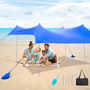 Costway Family Beach Tent Canopy w/4 Poles Sandbag Anchors 10'x9' UPF50+ Purple/Green/Blue - 1 of 4