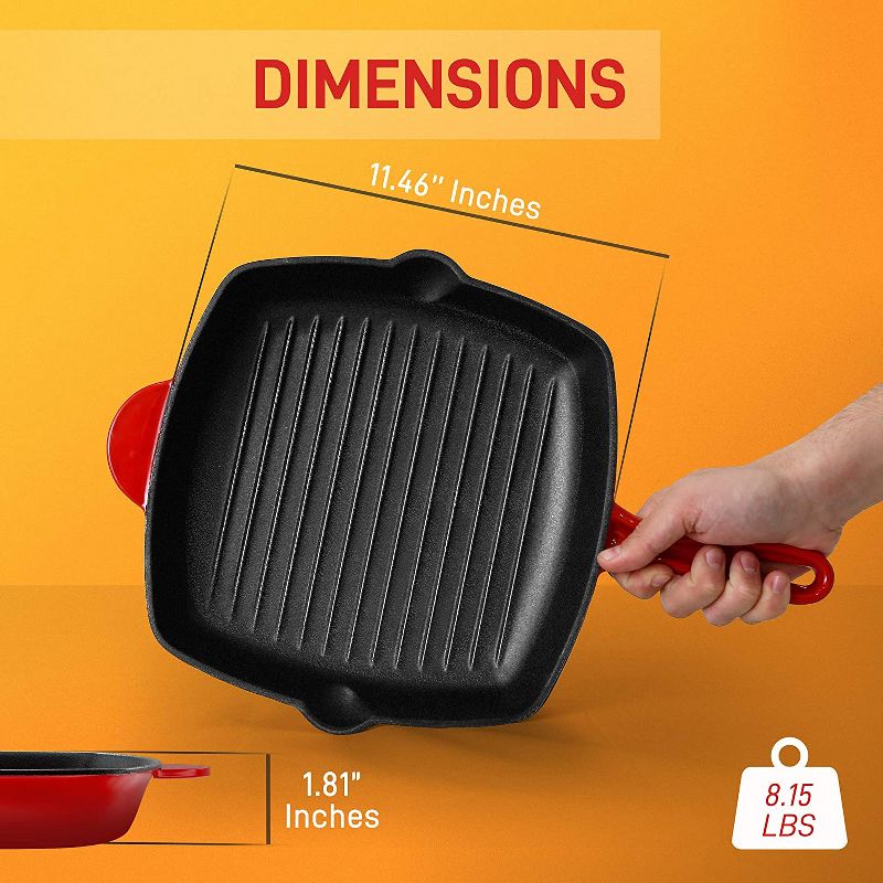 NutriChef 2 x NCCIES47 11 Inch Square Nonstick Cast Iron Skillet Griddle Grill Pan with Porcelain Enamel Coating, and Side Pour Spouts, Red (2 Pack), 3 of 7