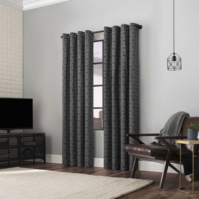 Black Geometric Polyester Blackout Grommet Curtain Panel