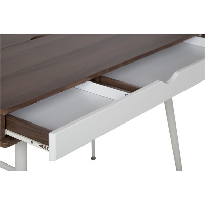 Mid-Century Modern White/Chestnut Writing Desk with Split Drawer