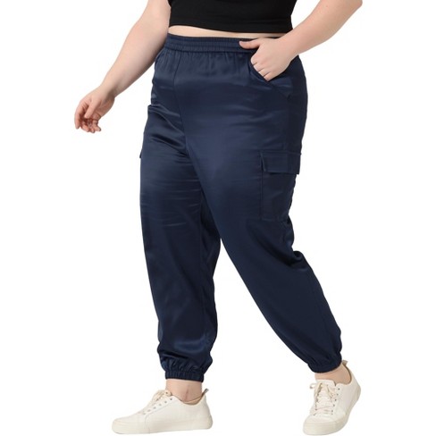 Agnes Orinda Women's Plus Size Cargo Elastic Waist Athleisure Ankle Length  Satin Joggers Pant Royal Blue 2X