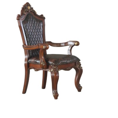 Antique White Floral Faux Leather Arm Chairs, Set of 2