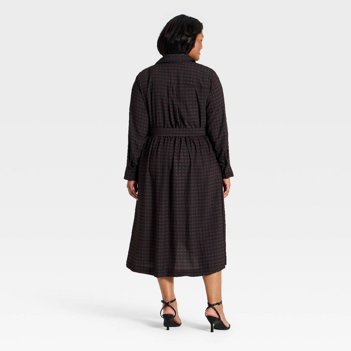 Women's Long Sleeve Tie-Waist Midi Dress - A New Day™ Brown Gingham - thumbnail 5