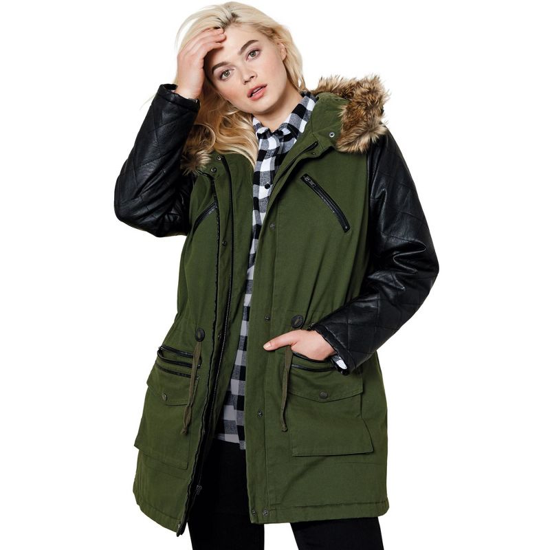 ellos Women's Plus Size Quilted Faux Leather Sleeve Parka, 1 of 2