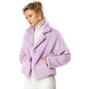 Allegra K Women's Cropped Notch Lapel Open Front Faux Fur Fluffy Coat - 1 of 4