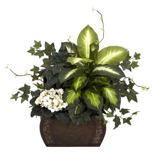 Nearly Natural African Violet, Dieffenbachia & Ivy w/Chest Silk Plant: Indoor Faux Floral Decor, Rustic Wood Pot - 1 of 3