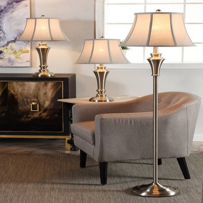 2 Table Lamps and 1 Floor Lamp Brushed Nickel with Taupe Fabric Shades - StyleCraft: UL Listed, Adjustable Head Tilt