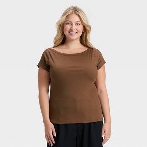 Women's Cap Sleeve Boat Neck Ribbed T-Shirt - A New Day™ Brown - 1 of 4