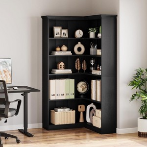 Homhougo 72" L-Shaped Corner Bookshelf, 5-Tier Wood Bookcase with Anti-Tip Design for Living Room, Office, Easy Assembly Rustic Storage Shelf - 1 of 4