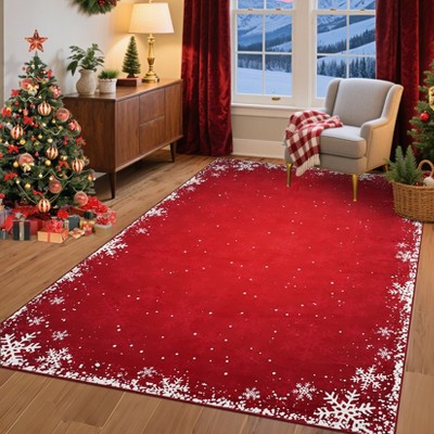 Christmas Snowflake Area Rug, Indoor Floor Carpet Washable with Non Slip Backing, Low Pile Stain Resistant Floor Mat for Living Room, Nursery