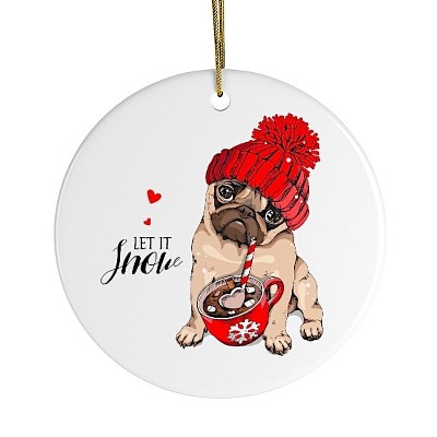 Heart-Shaped Porcelain Christmas Pug Ornament with Red Hat