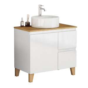 Gulches 31 in 1 Sink All-in-One Vanity Glossy White Bath Vanity with Natural Solid Wood Top Soft Close Handle-Free Round Ceramic Basin - 1 of 4