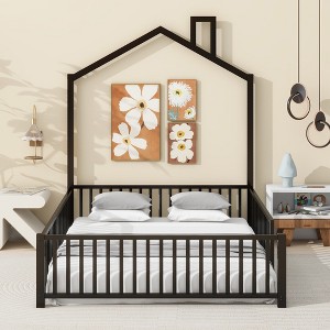 Whisen Metal House Platform Bed with Guardrail and Chimney - 1 of 4