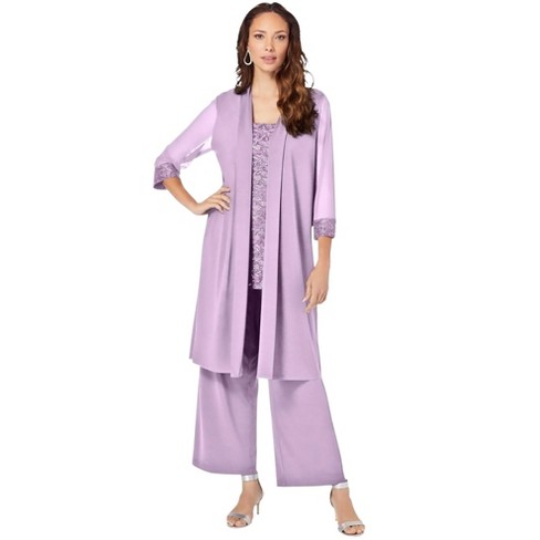 Roaman's Women's Plus Size Three-Piece Lace & Sequin Duster Pant Set - 30  W, Purple