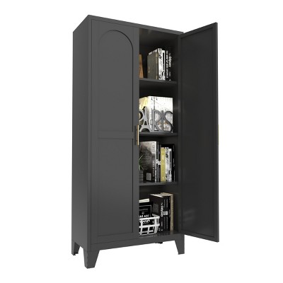 GlasFlength Decorative Storage Cabinets 61'' 2 Shapely Doors Cabinet, Metal Storage Cabinet with Doors and Shelves, Black, 5.51"*16.93"*61.81"