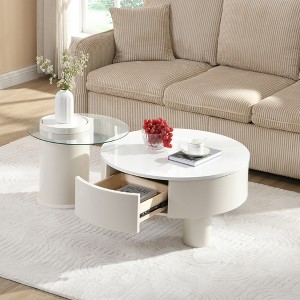 KWPZQEB Round Nesting Coffee Table Set of 2, Plastic End Tables Set with Storage Drawer & Glass Table Top, Modern Cocktail Table for Living Room - 1 of 4