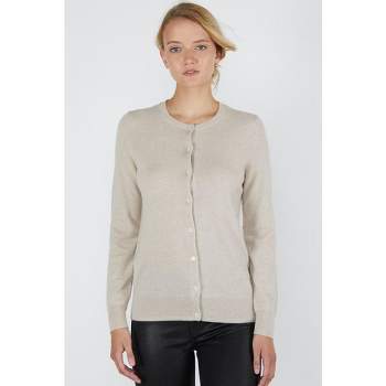 JENNIE LIU Women's 100% Cashmere Button Front Long Sleeve Crewneck Cardigan Sweater