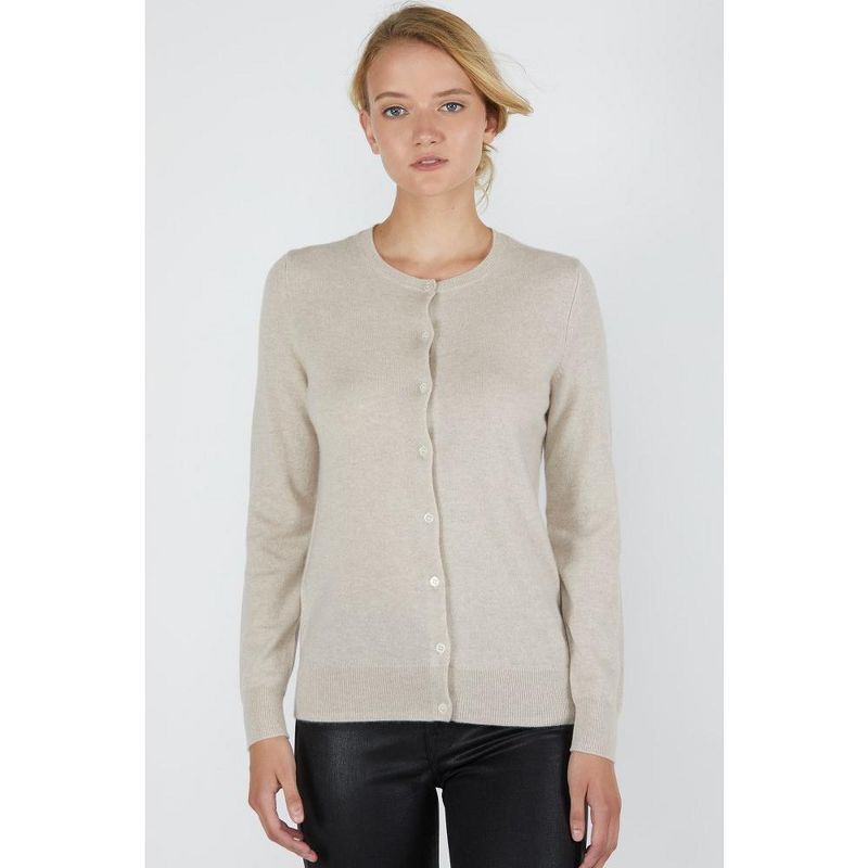 JENNIE LIU Women's 100% Cashmere Button Front Long Sleeve Crewneck Cardigan Sweater, 1 of 12