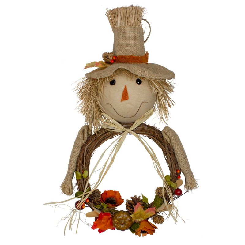 Northlight 20" Tan and Orange Fall Harvest Scarecrow Wreath Wall Decor, 1 of 5