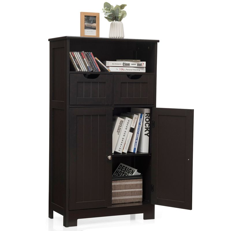 Tangkula Wooden Floor Storage Cabinet For Livingroom Bathroom Office w/Open Shelf, 2 Doors and 2 Drawers, 5 of 10