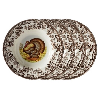 Spode Woodland Turkey Soup Plate - 9" Fine Earthenware Bowl with British Flowers Border - Dishwasher, Microwave, Oven & Freezer Safe