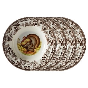 Spode Woodland Turkey Soup Plate - 9" Fine Earthenware Bowl with British Flowers Border - Dishwasher, Microwave, Oven & Freezer Safe - 1 of 4