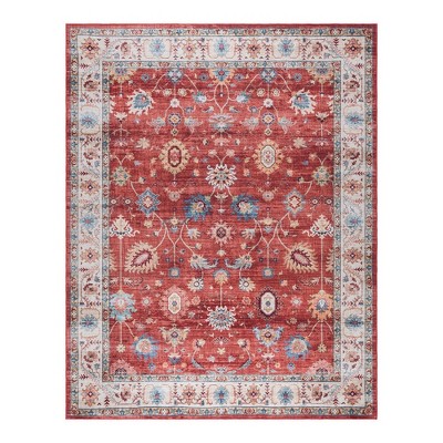 Crystal Print Red and Cream Floral Washable Area Rug