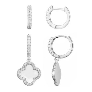 Adornia Silver Plated Halo White Mother of Pearl Clover CZ Huggie Set - 1 of 4