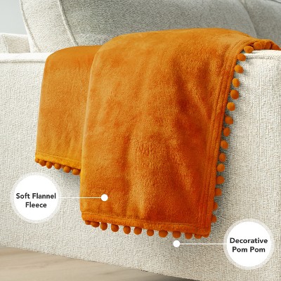 Twin Orange Fleece Pom Pom Fringe Blanket