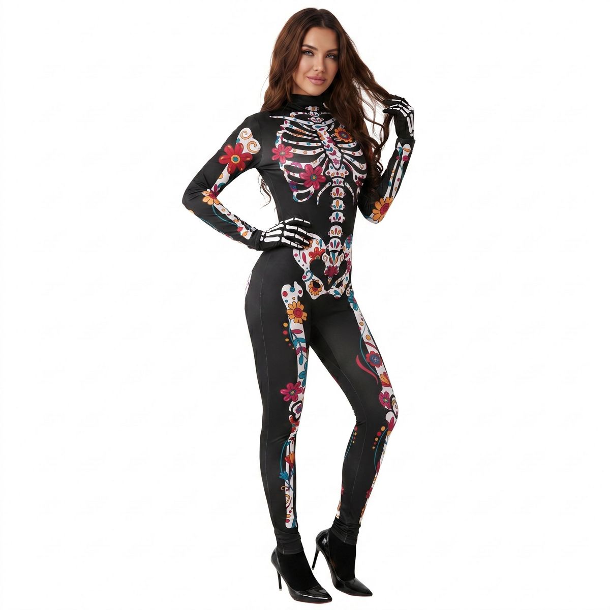 Joyfy Women Halloween Floral Skeleton Jumpsuit Costume, Halloween Party Skeleton Jumpsuit for Adults Women - thumbnail 4