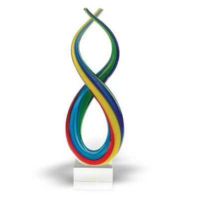 HomeRoots 16" Clear Red Blue Yellow Murano Glass Modern Abstract Tabletop Sculpture