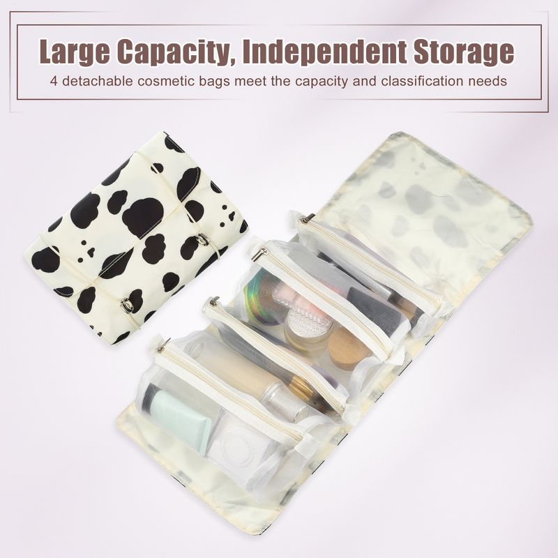Unique Bargains Milk Cow Style 4 in 1 Detachable Hanging Roll Up Travel Makeup Bags and Organizers Beige Black, 2 of 7