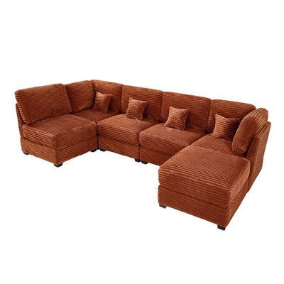 TiramisuBest 123" Modular Sectional Couch, U-Shaped Deep Seat Sofa with Chaise & Bed, Orange Corduroy 6-Seater
