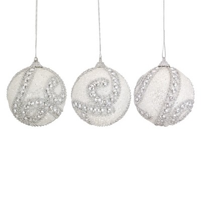 Northlight 3ct White and Silver Beaded Shatterproof Glittered Christmas Ball Ornaments 3" (76mm)