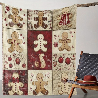 Vintage Christmas Flannel Throw Blanket, Soft Cozy Warm Polyester Digital Print with Gingerbread Man & Bauble Design.
