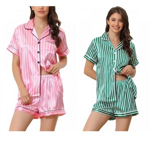 INSPIRE CHIC Women's 4 Pcs Striped Silky Satin Sleepwear Button-Up Shirt & Shorts 2025 Lounge Set - 1 of 4