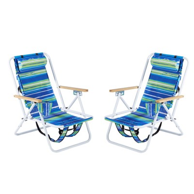 VisioGear Outdoor Portable Chairs, 2-Piece Folding Beach Chair with Cup Holder, Foldable Camping Chair with Headrest , Blue & Green, 23"*21.7"*31.5"