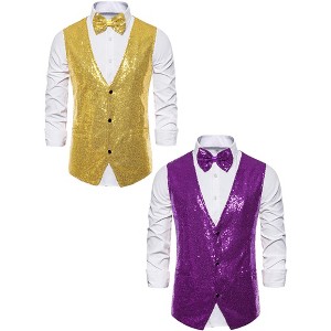 Lars Amadeus Men's Sparkle Sequin Sleeveless Waistcoat Set with Bow Tie 2 Packs - 1 of 4
