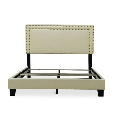 Adam Beige Linen Upholstered Queen Bed with Nailhead Trim