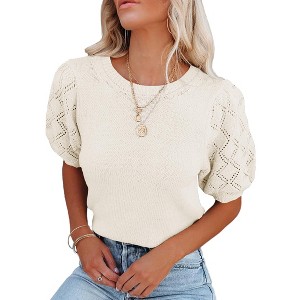 Womens Short Sleeve Lightweight Sweaters Crewneck Knit Pullover Tops with Crochet Sleeve Casual Crochet Blouse Shirt for Spring, Summer - 1 of 4
